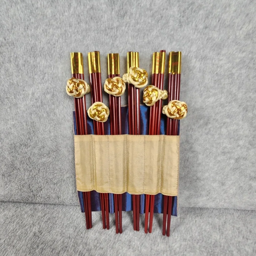 Vintage Chinese‎ Chopstick Set – 6 Pairs + 6 Silk Placemats in Wrap Pouch